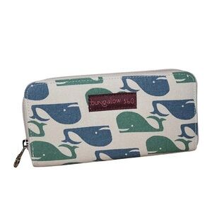 Bungalow 360 Zip-Around Wallet Blue & Green Whale Pattern Natural Cotton Canvas